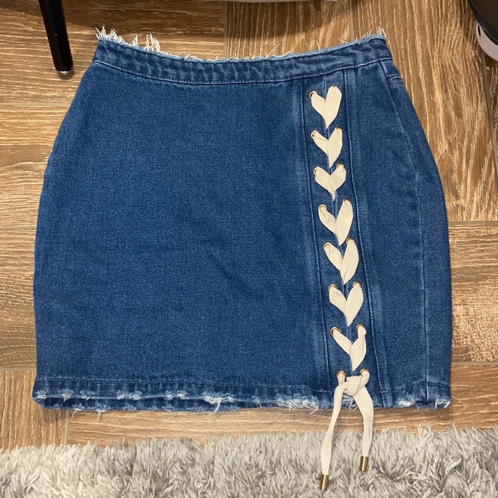 Dark Blue denim lace up skirt from Missguided.